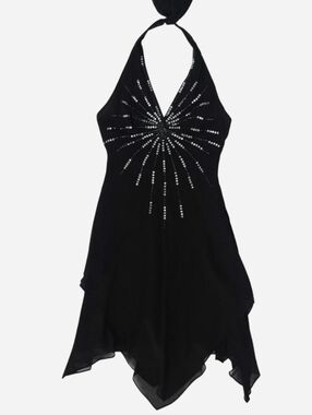 Vintage Y2K Sequin Starburst Halter Asymmetrical Dress Black Silk Size 2 Fairy